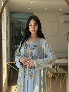 Gorgeous Handmade Long Sleeve Dress with Open Front Silk Abaya Adorned with Gold Foil Patterns (Thleija)