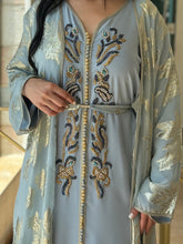 Gorgeous Handmade Long Sleeve Dress with Open Front Silk Abaya Adorned with Gold Foil Patterns (Thleija)