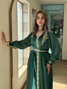 Luxurious Silk Velvet Green Caftan with Elegant Chiffon Cape