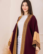 Sulaf Elegant Burgundy Bisht with Golden Palestinian Embroidery and Satin Details
