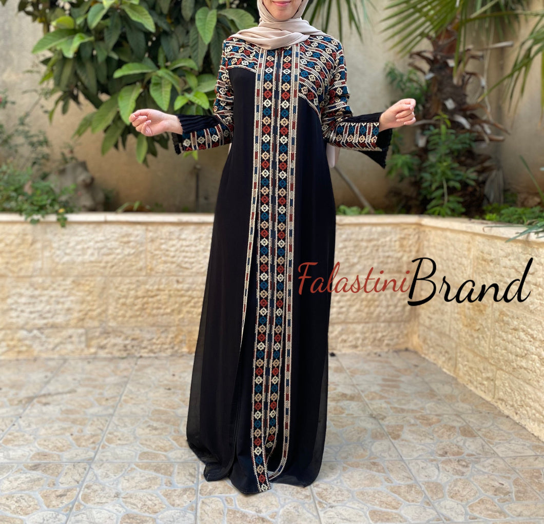 Soft Stunning Palestinian Embroidered Zipper Detail Abaya Asymmetric Embroidery