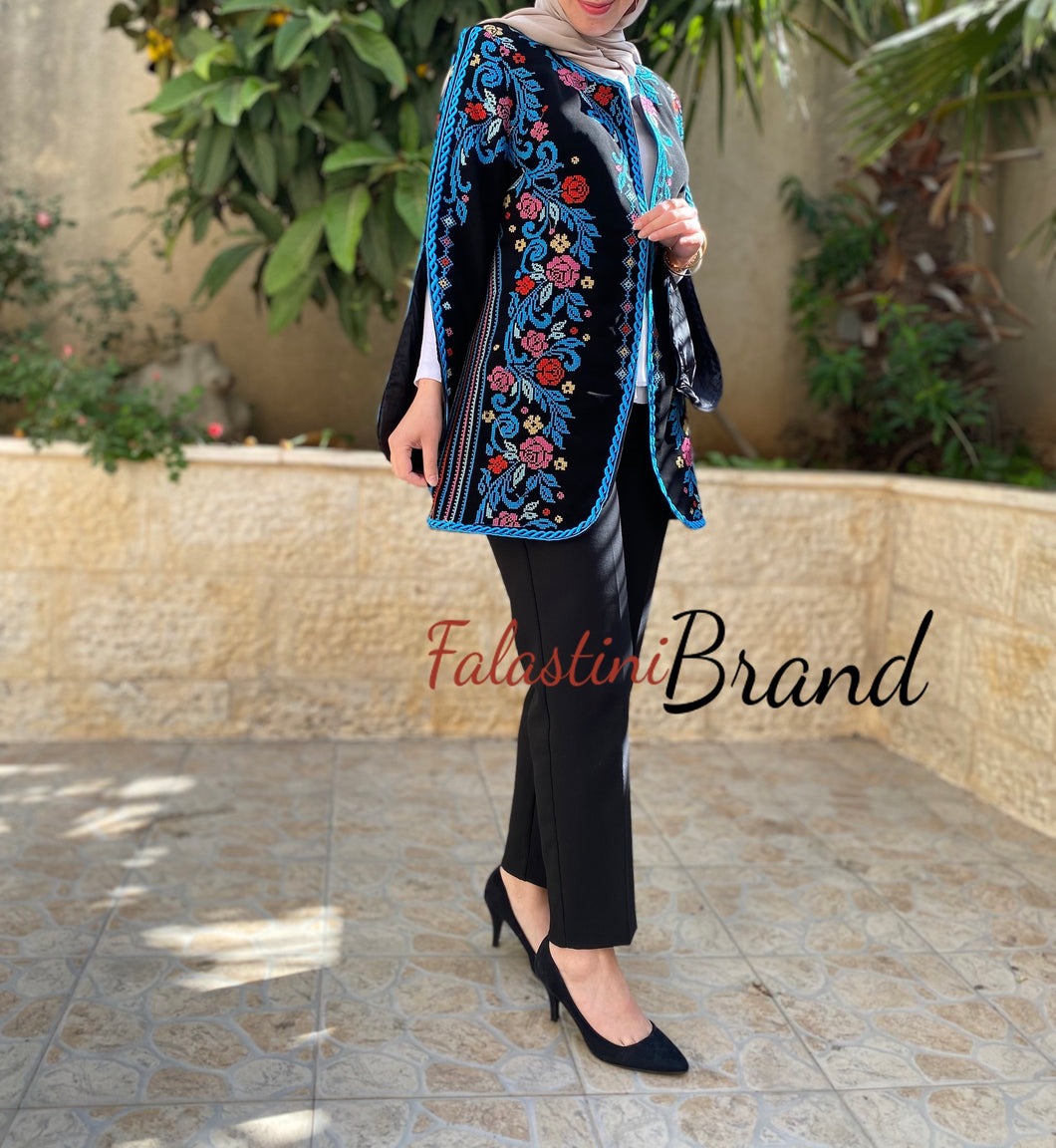 Elegant Palestinian Black And Blue Embroidered Jacket