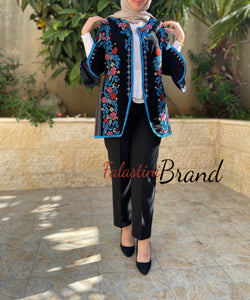 Elegant Palestinian Black And Blue Embroidered Jacket