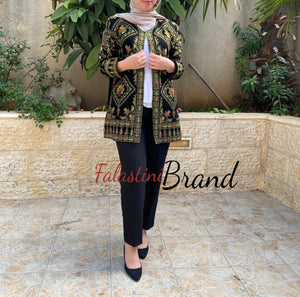 Elegant Palestinian Black And Green Embroidered Jacket