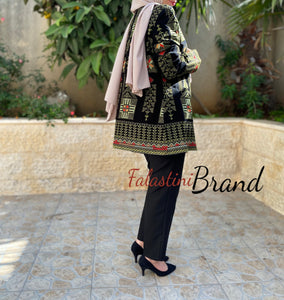 Elegant Palestinian Black And Green Embroidered Jacket