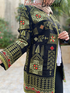 Elegant Palestinian Black And Green Embroidered Jacket