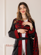 Trending Palestinian Black Satin Embroidered Open Abaya with Attached Embroidered Drape