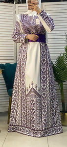 White Made in Gaza Thobe with Unique Purple Embroidery