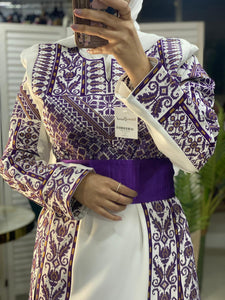 White Made in Gaza Thobe with Unique Purple Embroidery