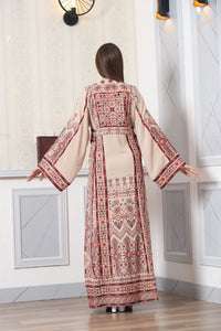 Beige Palestinian Embroidered Thob Dress with Orange Embroidery