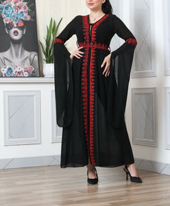 Light Black and Red Chiffon Abaya with Half Zipper Details