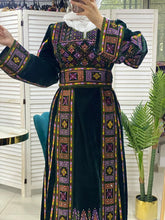 Velvet Dark Green Palestinian Thobe Dress with Rhinestones