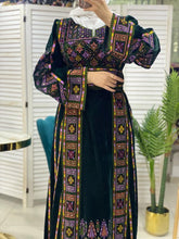 Velvet Dark Green Palestinian Thobe Dress with Rhinestones