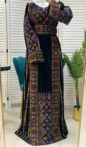 Velvet Dark Green Palestinian Thobe Dress with Rhinestones