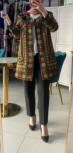 Long Green Flowers Embroidered Jacket