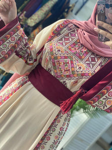 Sparkling Palestinian Embroidered Beige And Burgundy Thobe Dress with Satin Details