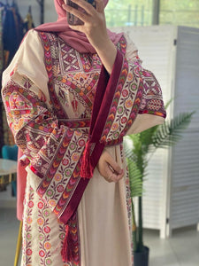 Sparkling Palestinian Embroidered Beige And Burgundy Thobe Dress with Satin Details