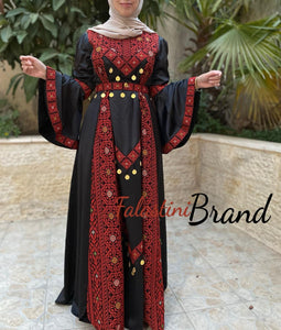 Stunning Satin Black and Red Palestinian Embroidered Extra Cloche Dress With Coins