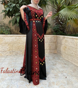 Stunning Satin Black and Red Palestinian Embroidered Extra Cloche Dress With Coins