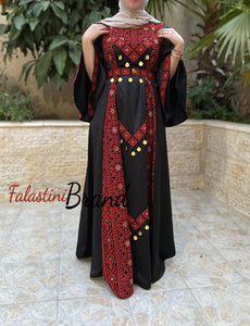 Stunning Satin Black and Red Palestinian Embroidered Extra Cloche Dress With Coins