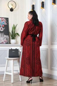 Stylish Long Black And Red  Embroidered Maxi Jacket/Abaya