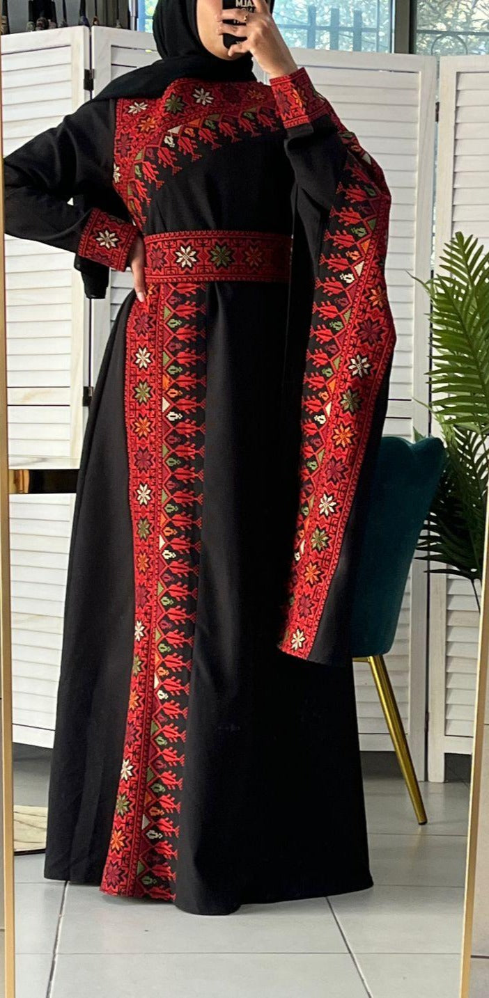 Elegant Black and Red Shoulder Details Embroidered Dress with colorful flowers