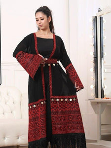 Stylish Long One Size Black and Red Palestinian Embroidered Abaya With Coins