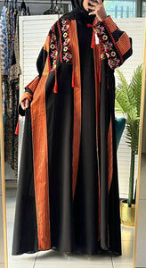 Stylish Black & Red Embroidered Open Abaya/Bisht With Kashmir Details