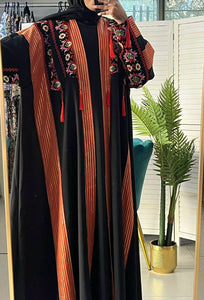 Stylish Black & Red Embroidered Open Abaya/Bisht With Kashmir Details