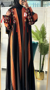 Stylish Black & Red Embroidered Open Abaya/Bisht With Kashmir Details