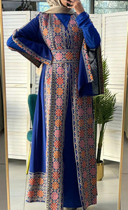 Royal Blue and Beige Chiffon Floral Embroidered Open Abaya Kaftan  Long Split Sleeve