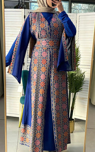 Royal Blue and Beige Chiffon Floral Embroidered Open Abaya Kaftan  Long Split Sleeve