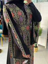 Black and Beige Chiffon Embroidered Open Abaya Kaftan  Long Split Sleeve