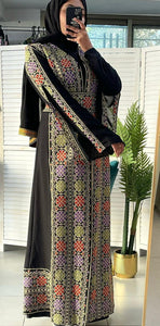 Black and Beige Chiffon Embroidered Open Abaya Kaftan  Long Split Sleeve