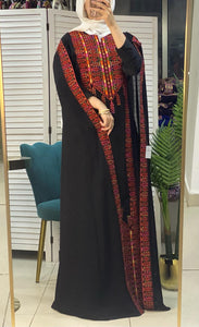 Stylish Black and Red Palestinian Embroidered Abaya Chiffon Dress with Back Layer