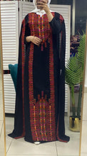 Stylish Black and Red Palestinian Embroidered Abaya Chiffon Dress with Back Layer