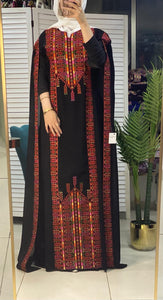 Stylish Black and Red Palestinian Embroidered Abaya Chiffon Dress with Back Layer