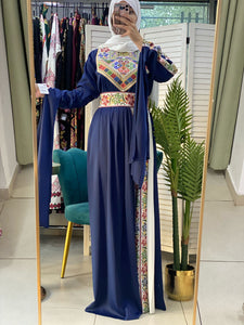 Gorgeous Navy Satin Dress With Colorful Embroidery and Slit Sleeves