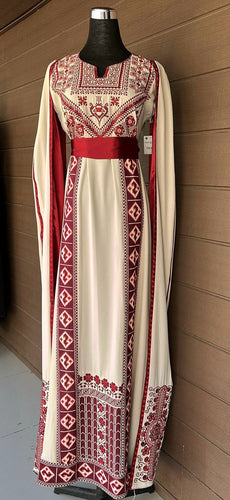 Stunning Off-White And Burgundy Royal Sleeve Palestinian Embroidered Dress