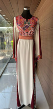 Palestinian Embroidered White Thobe Dress Palestinian Embroidery with Burgundy Satin Details