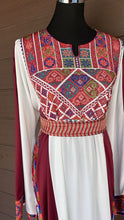 Palestinian Embroidered White Thobe Dress Palestinian Embroidery with Burgundy Satin Details