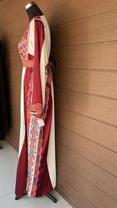 Palestinian Embroidered White Thobe Dress Palestinian Embroidery with Burgundy Satin Details