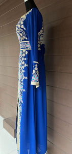 Blue and Beige Chiffon Abaya with Half Zipper Details