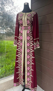 Burgundy and Beige Chiffon Abaya with Half Zipper Details