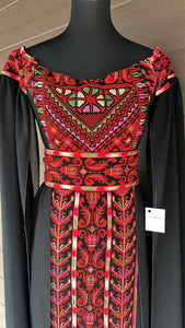 Black and Red Off-Shoulder Sleevles Palestinian Embroidered  Dress