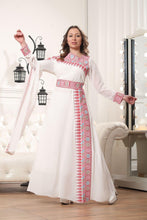 Elegant White and Red Shoulder Details Embroidered Dress with colorful flowers