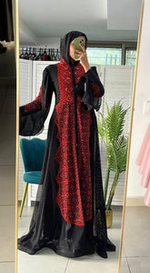 Wonderful Palestinian Black & Red Embroidered Abaya with Half Zipper Details