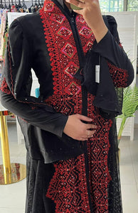 Wonderful Palestinian Black & Red Embroidered Abaya with Half Zipper Details