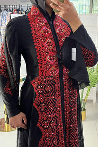 Wonderful Palestinian Black & Red Embroidered Abaya with Half Zipper Details