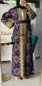 Luxurious Navy Diamond Embroidered Abaya with Golden Thread Details